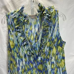 Kenar Womens M Blouse Sleeveless Ruffle Neck & front 100% silk 1/2 Button front